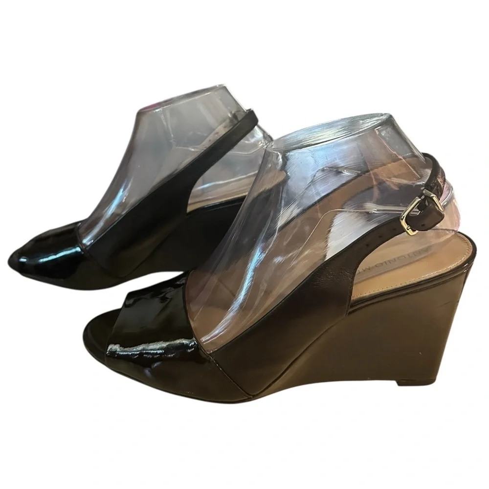 Antonio Melani Black Patent Leather Slingback Wedge Heels Size 9 Peep Toe